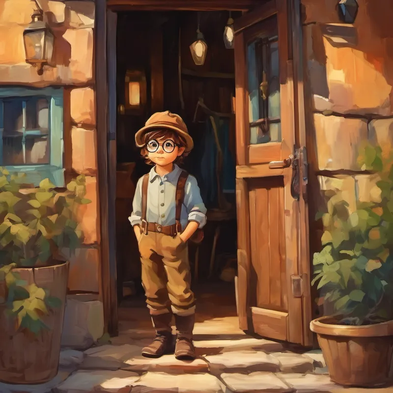 Curious little boy with messy brown hair and glasses at the door of the Two brothers with hats, goggles, and beards' workshop