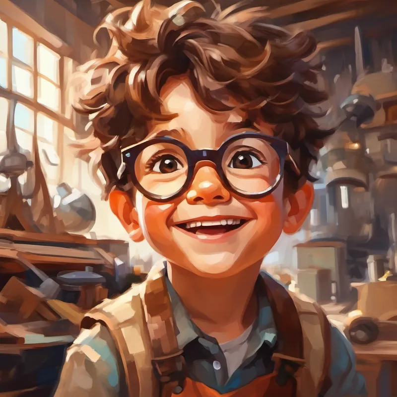 Curious little boy with messy brown hair and glasses with a big smile and imagining himself as an inventor