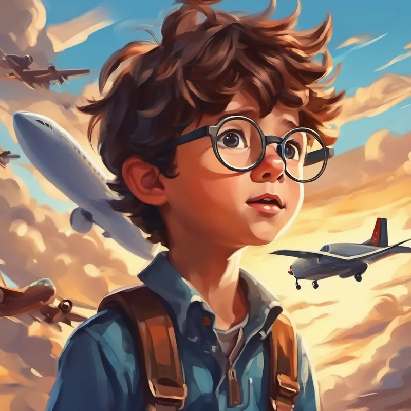 Curious little boy with messy brown hair and glasses's airplanes flying high in the sky