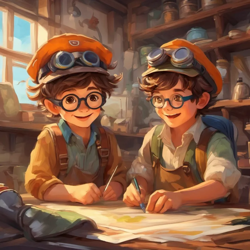 The Two brothers with hats, goggles, and beards smiling and showing Curious little boy with messy brown hair and glasses their airplane on back  workshop