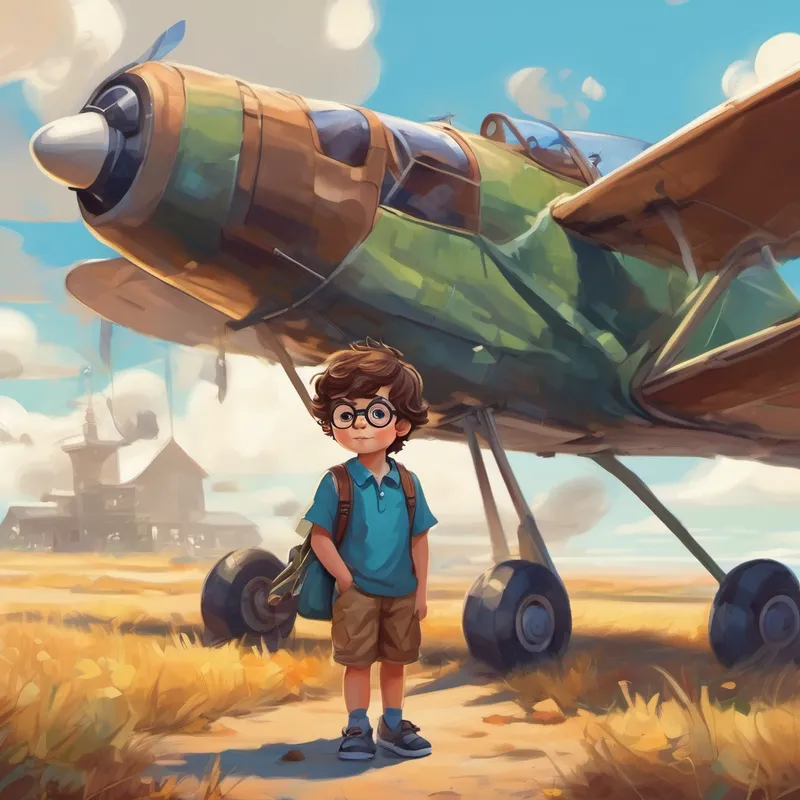 Curious little boy with messy brown hair and glasses standing next to his own airplane invention