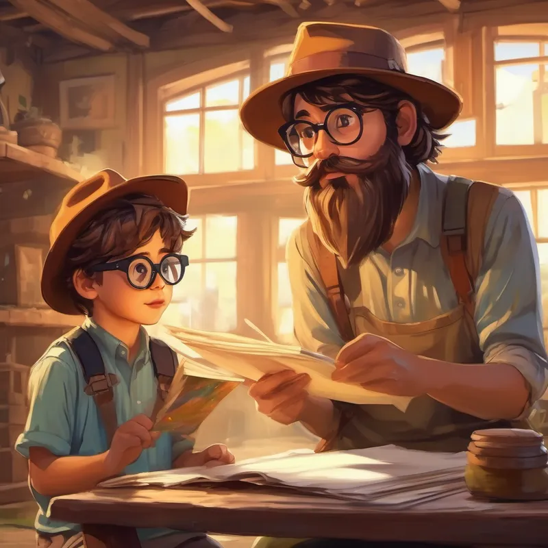 The Two brothers with hats, goggles, and beards explaining and showing drawings to Curious little boy with messy brown hair and glasses