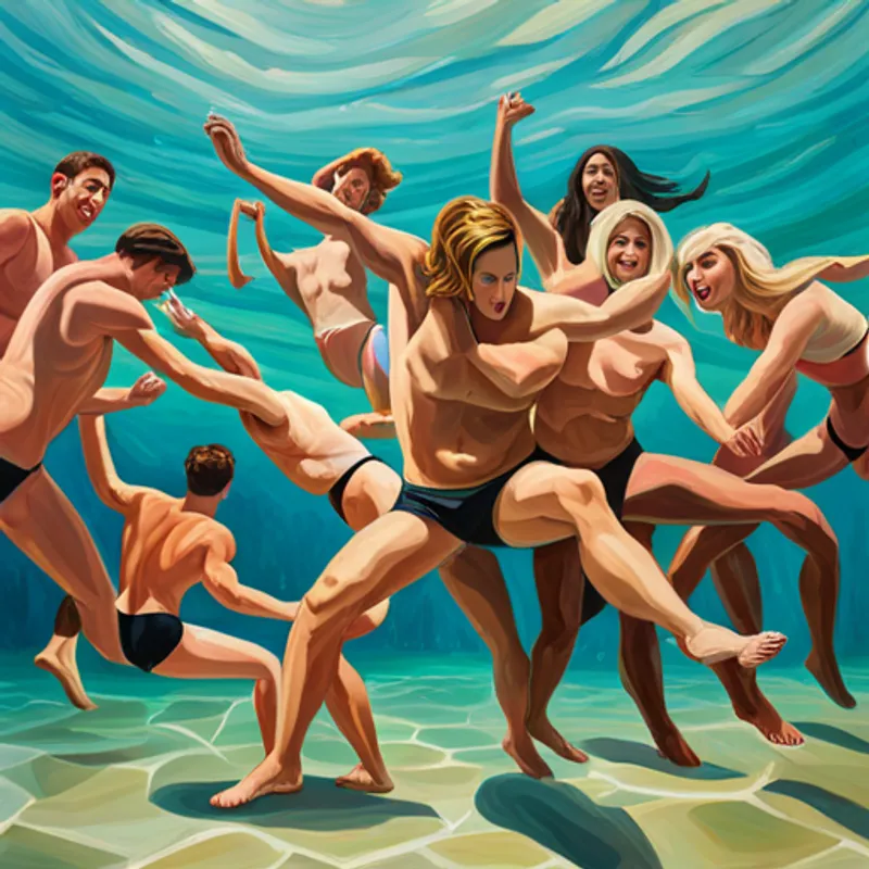 All the friends cheering and high-fiving underwater