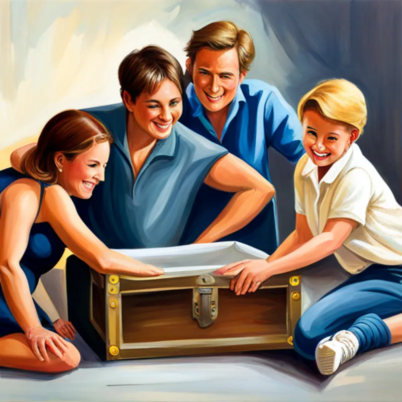 Friends gathered around the treasure chest, smiling and hugging
