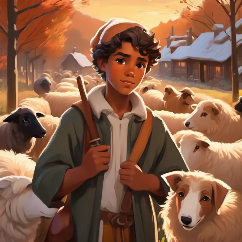 Countryside, Young shepherd, brown skin, brown eyes, courageous herding, introduction to character