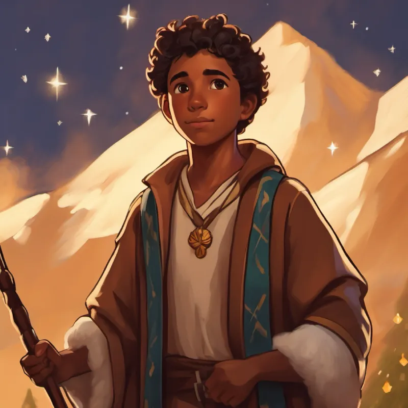 Closing moral, Young shepherd, brown skin, brown eyes, courageous triumphant