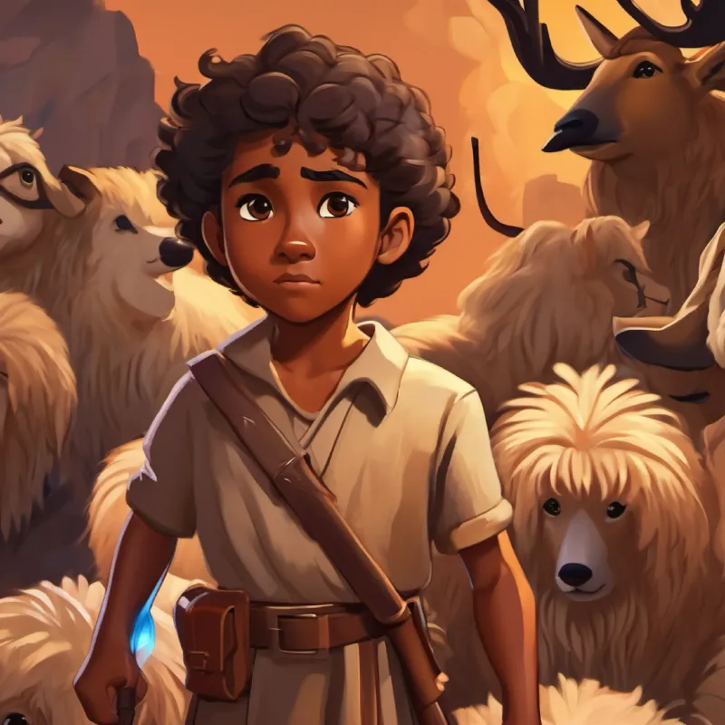 Young shepherd, brown skin, brown eyes, courageous preparing for battle