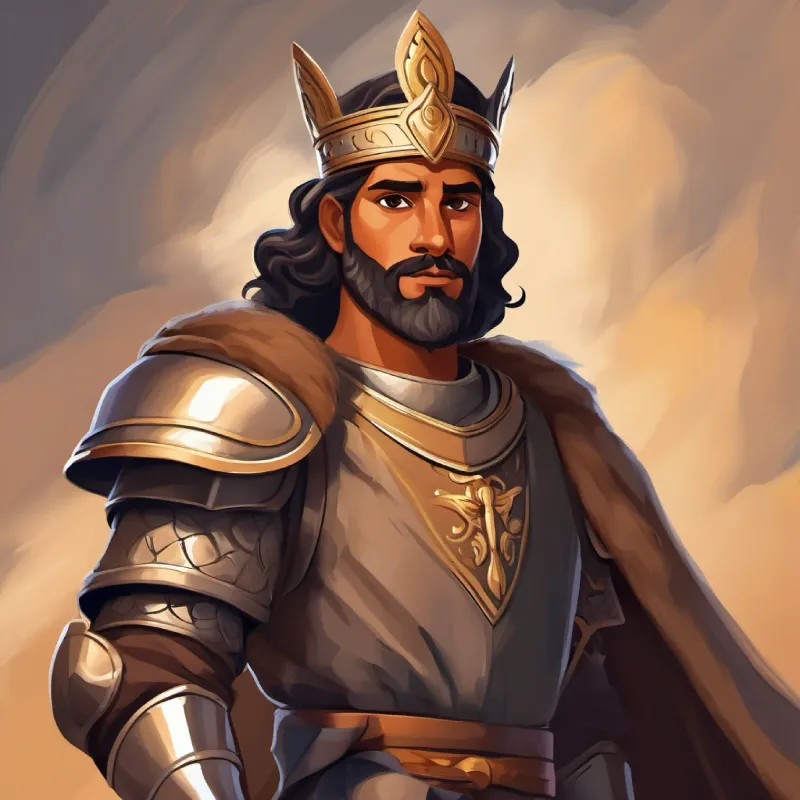 Israelite king, older, fair skin, gray eyes, regal, Young shepherd, brown skin, brown eyes, courageous refuses armor