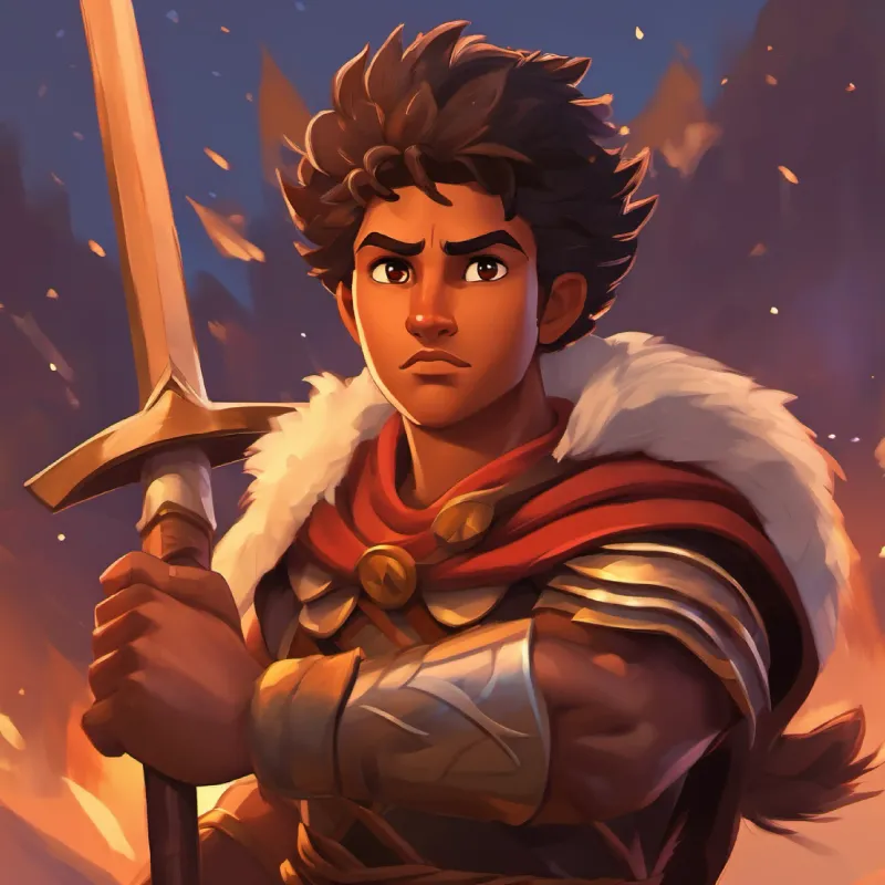 Giant warrior, tanned skin, dark eyes, intimidating mocks Young shepherd, brown skin, brown eyes, courageous, battle tension
