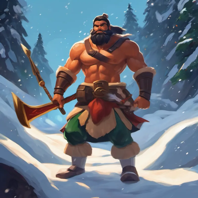 Giant warrior, tanned skin, dark eyes, intimidating falls, shock and awe