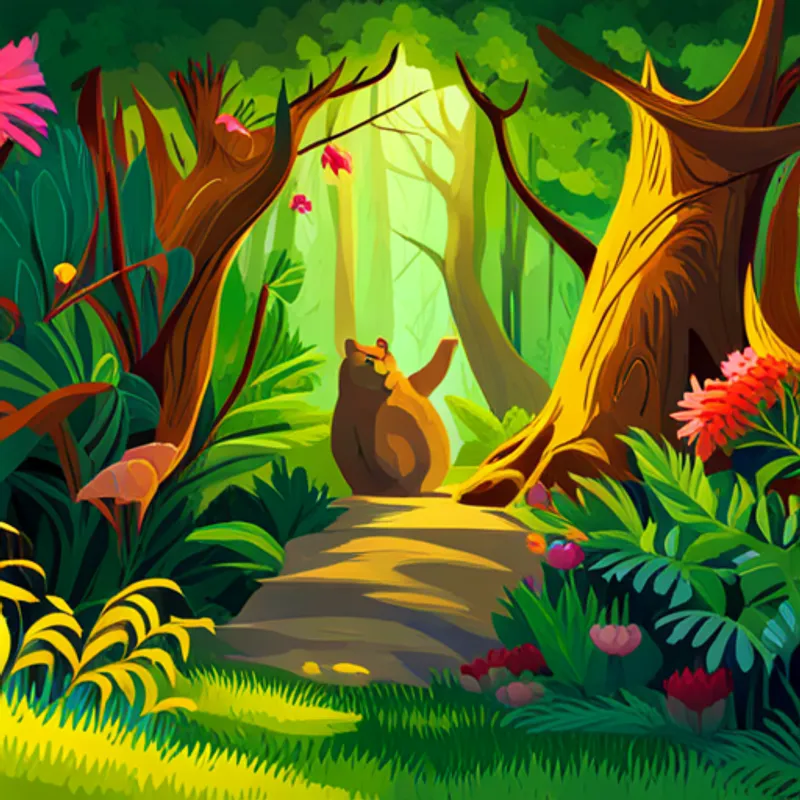 Jungle with trees, flowers, and animals, colorful and vibrant