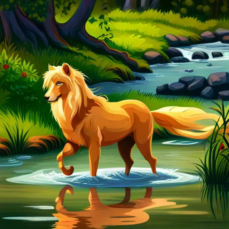 Golden mane, strong and regal, with kind eyes and Soft fur, nimble and playful, with curious eyes crossing river with stepping stones