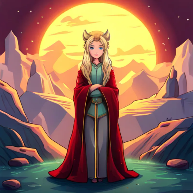 Golden mane, strong and regal, with kind eyes and Soft fur, nimble and playful, with curious eyes standing in front of glowing treasure