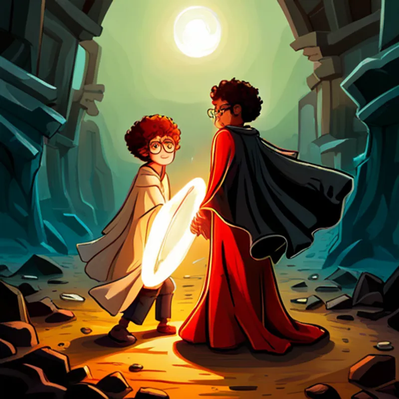 Curly-haired boy with round glasses, wearing a red cape. and Tall and pale sorceress with flowing black robes. face off in a magical duel