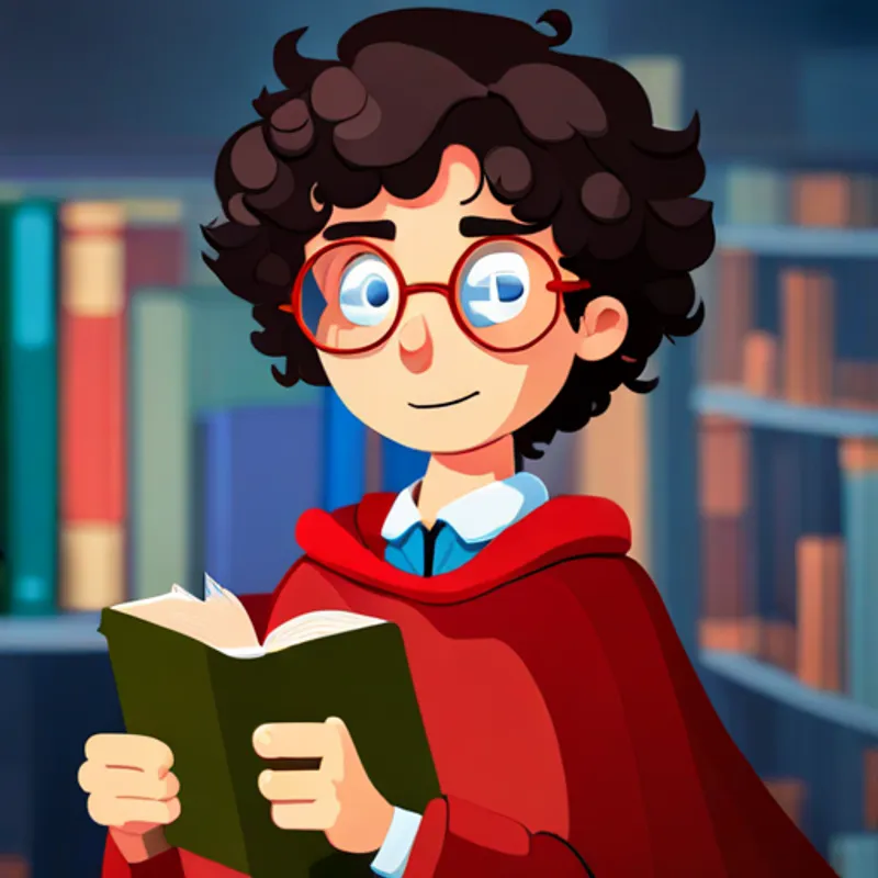 Curly-haired boy with round glasses, wearing a red cape. discovers a hidden magical library with ancient books
