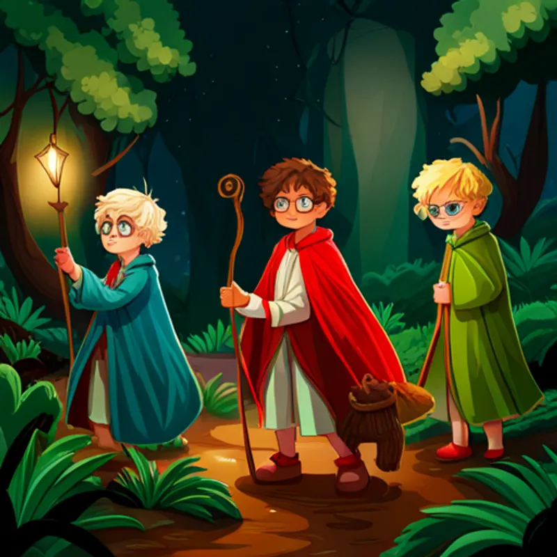 Curly-haired boy with round glasses, wearing a red cape., Blonde girl with braided hair and a silver tiara., and Boy with freckles, wearing a green cloak and holding a staff. go on a journey through a mysterious forest