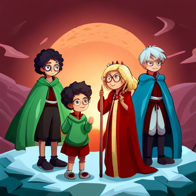 Curly-haired boy with round glasses, wearing a red cape., Blonde girl with braided hair and a silver tiara., and Boy with freckles, wearing a green cloak and holding a staff. facing a giant dragon