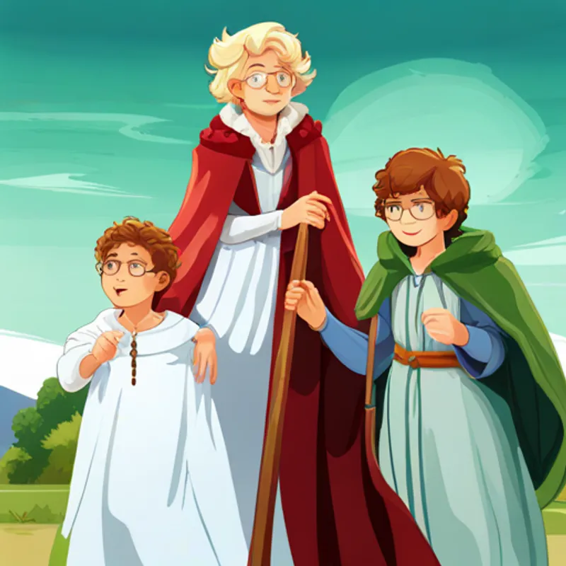 Curly-haired boy with round glasses, wearing a red cape., Blonde girl with braided hair and a silver tiara., and Boy with freckles, wearing a green cloak and holding a staff. talking to an old wizard