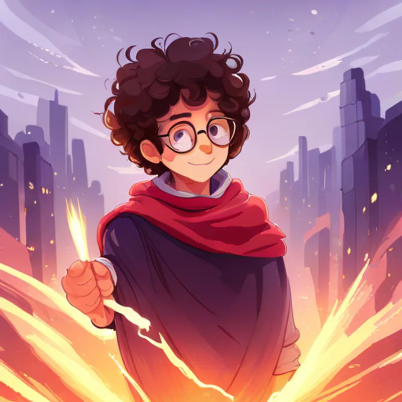 Curly-haired boy with round glasses, wearing a red cape. training with a magical mentor