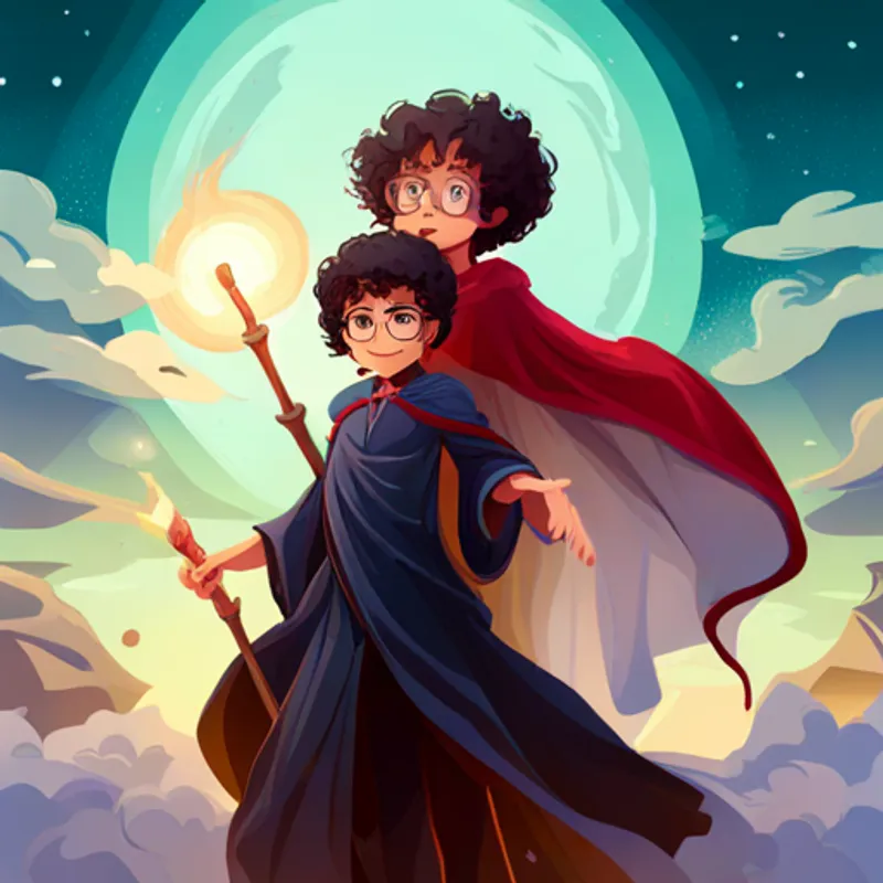 Curly-haired boy with round glasses, wearing a red cape. and Tall and pale sorceress with flowing black robes. casting spells at each other