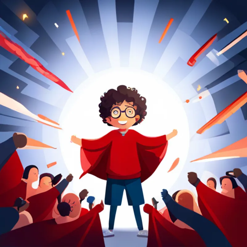 Curly-haired boy with round glasses, wearing a red cape. being cheered on by a crowd of magical creatures