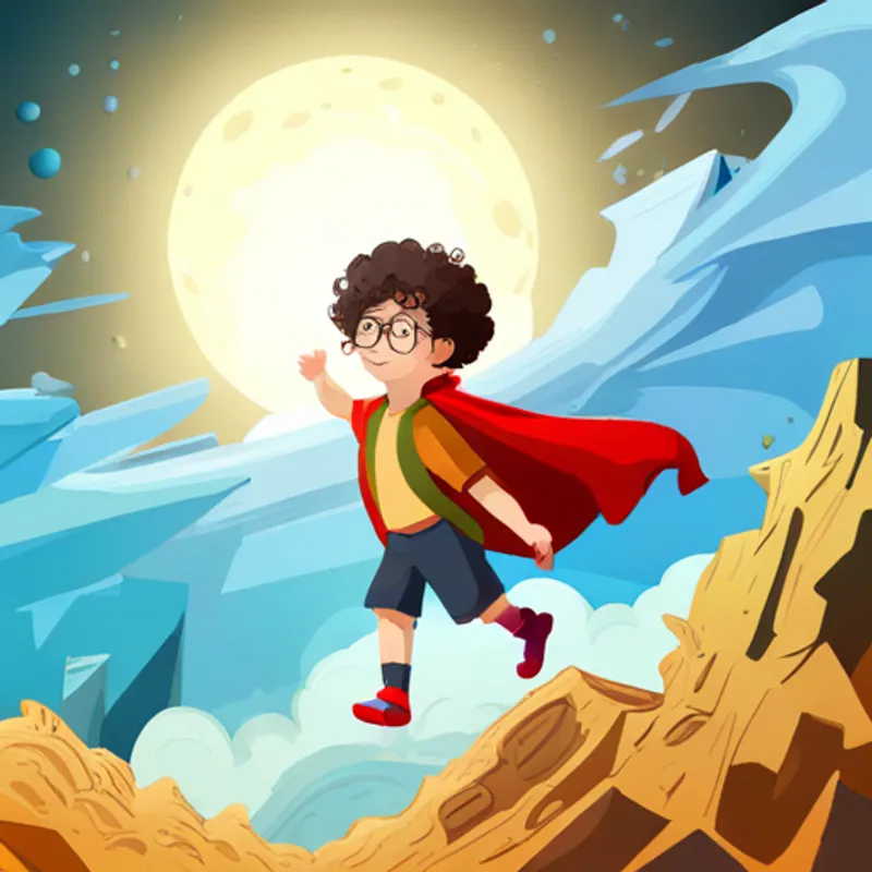 Curly-haired boy with round glasses, wearing a red cape. riding a majestic flying creature across the magical world