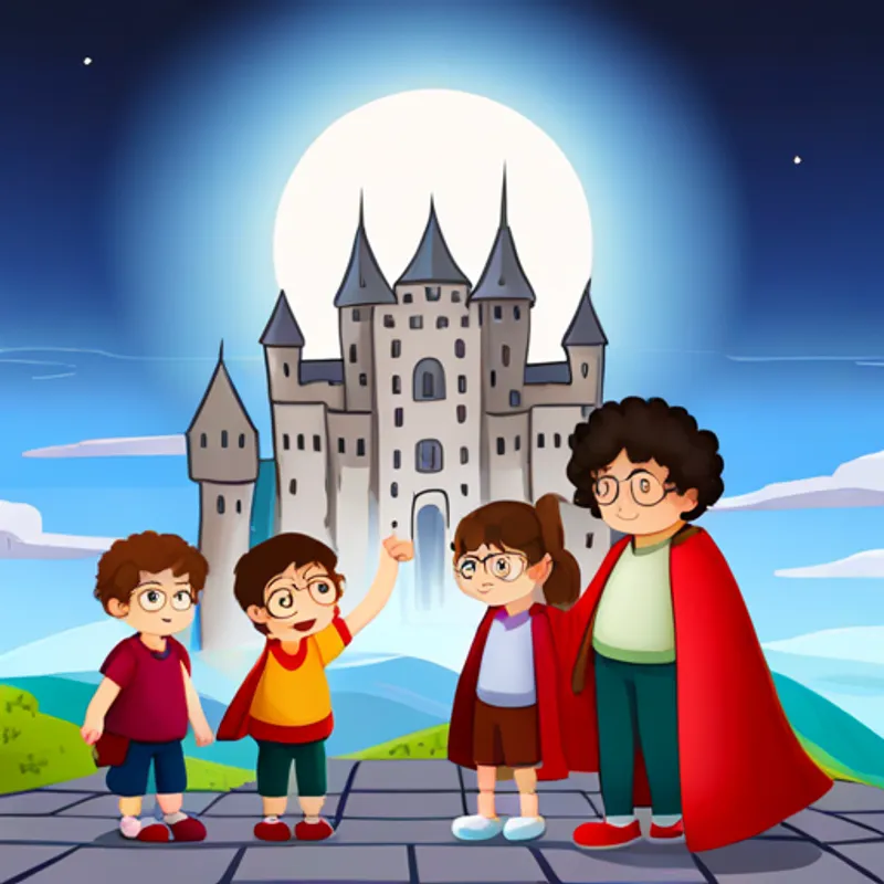 Curly-haired boy with round glasses, wearing a red cape. and his friends exploring a magical castle