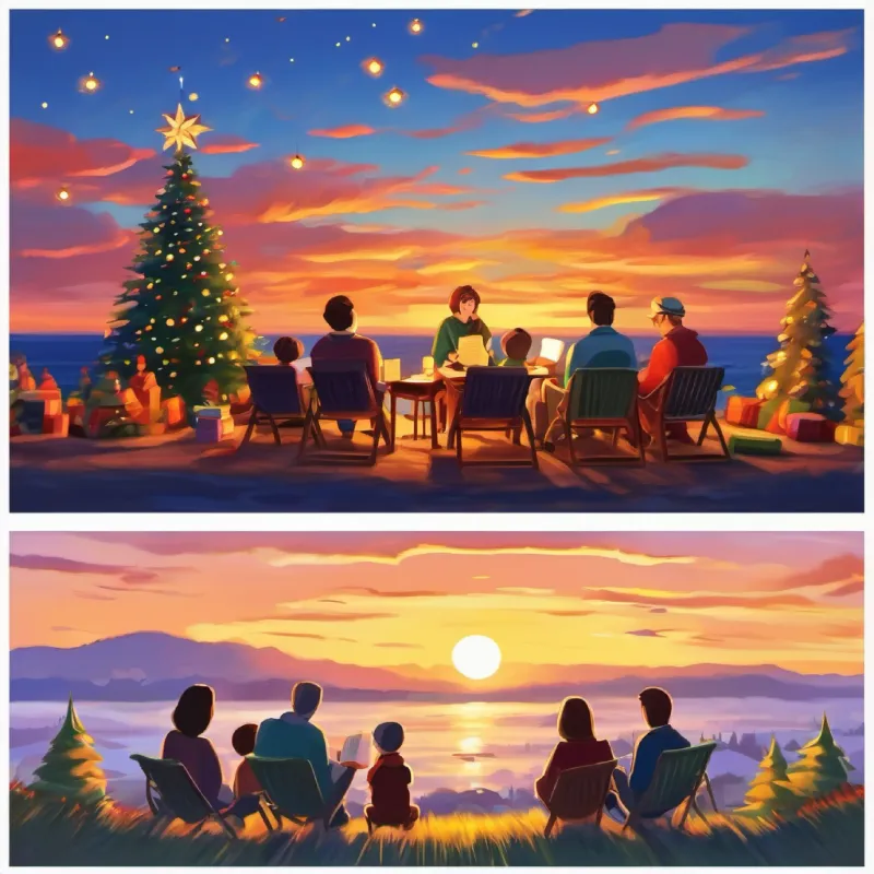 Family gathers to read the book at sunset.