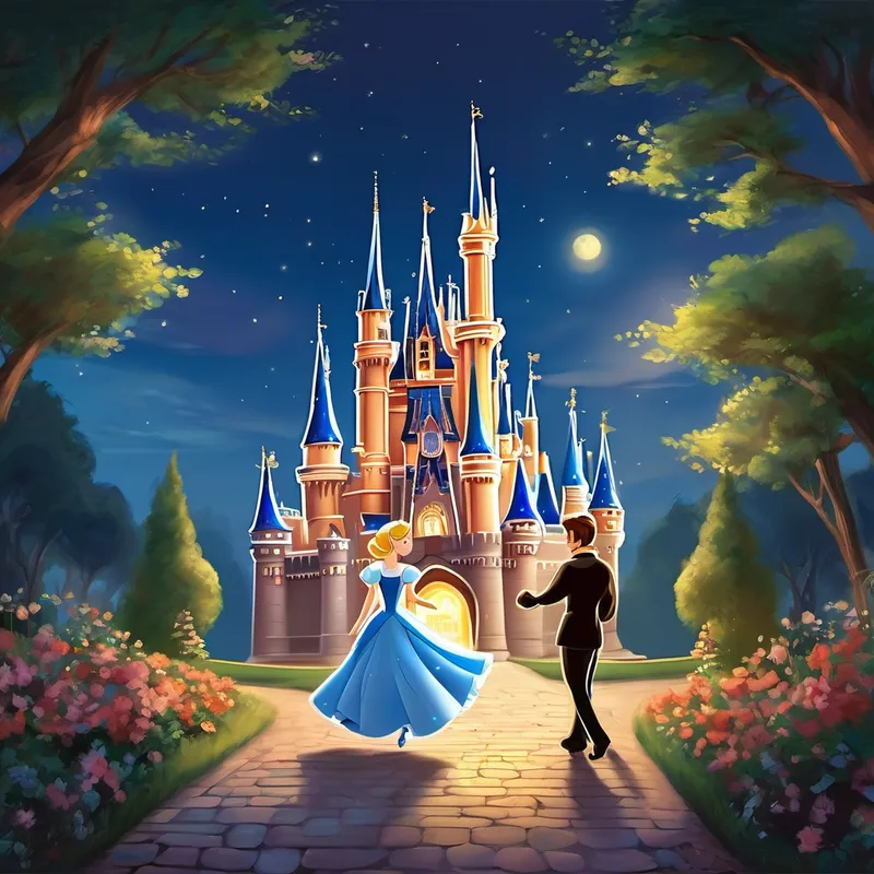 The fairy warned Cinderella that her magic would only last until midnight. Cinderella thanked the fairy and promised to return by the stroke of twelve. With joy in her heart, she left the cottage and magically arrived at the Cinderella Castle. The magnificent castle stood tall, gleaming in the moonlight. Cinderella entered and found herself surrounded by music, laughter, and dancing. Everyone was captivated by her beauty and grace as she danced with the prince, forgetting about her difficult life for a while.
