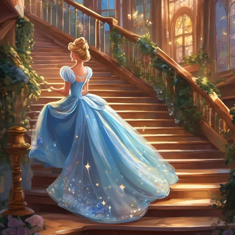 But all of a sudden, the clock struck eleven, and Cinderella remembered the fairy's warning. She knew she had to leave before her magic disappeared. She rushed down the grand staircase, leaving behind one of her glass slippers. As Cinderella reached the cottage, her beautiful gown transformed back into rags, and her glass slippers became old shoes once again. However, she knew that she was responsible for her actions and was grateful for the magical night she had.