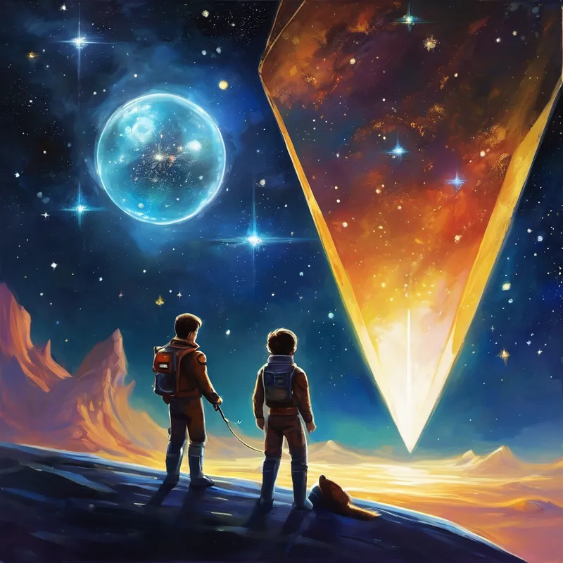 But as they ventured deeper into space, they received a message from the King of the Stars. It turns out, there was trouble in the galaxy. A precious diamond had been stolen, causing chaos and sadness among the inhabitants. Alex and Max knew they had to help. The King shared the description of the thief, and to their astonishment, it looked just like Max! But how could that be? Max was right there with Alex, floating alongside the spaceship. Nevertheless, they knew they had to investigate.