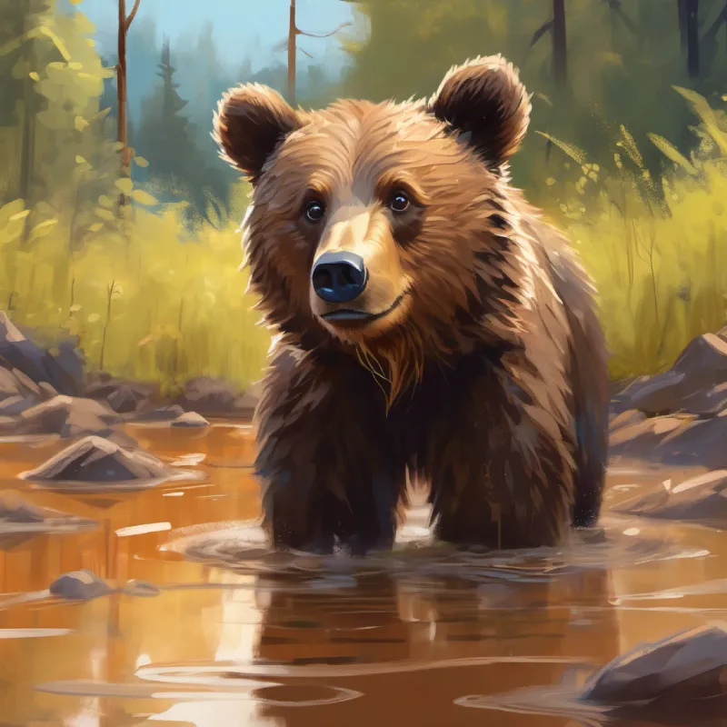 Introduction to A young brown bear with playful eyes and a mischievous smile in his favorite muddy spot, looking a bit messy.