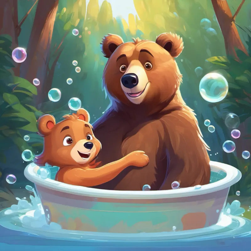 A young brown bear with playful eyes and a mischievous smile's mom preparing a fun bubble bath for him.