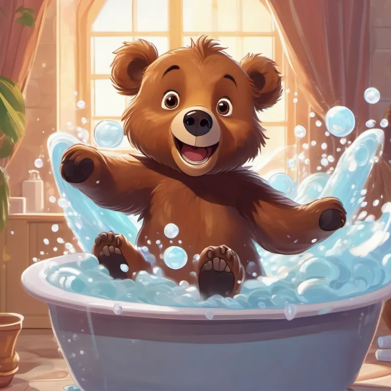 A young brown bear with playful eyes and a mischievous smile excitedly jumping into the bubble bath.