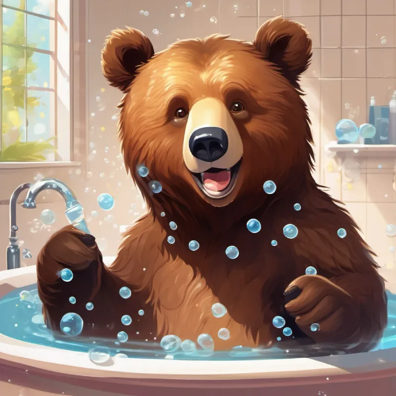 A young brown bear with playful eyes and a mischievous smile playing with bubbles, getting creative in the bath.