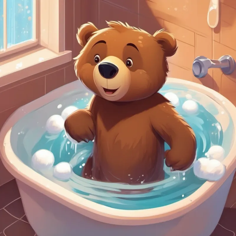 A young brown bear with playful eyes and a mischievous smile getting out of the bath, feeling cozy and clean.