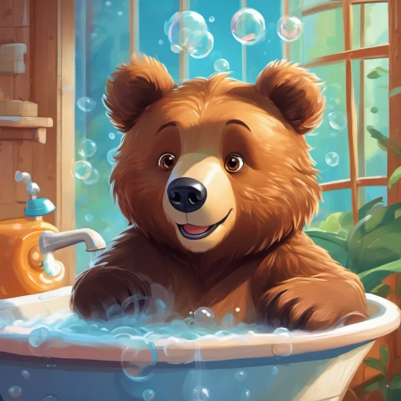A young brown bear with playful eyes and a mischievous smile listening to a story, imagining his next bubble bath adventure.