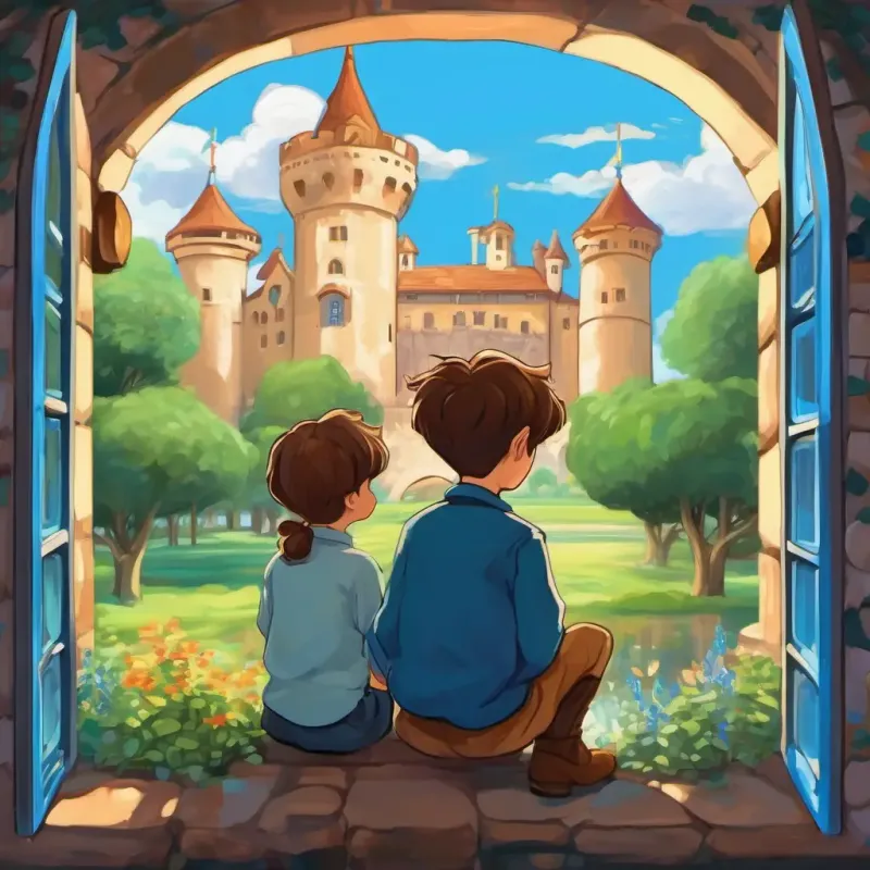 A castle with tall towers, vibrant gardens, and a Brave prince with brown hair and blue eyes and Brave prince with brown hair and blue eyesss looking out of a window.