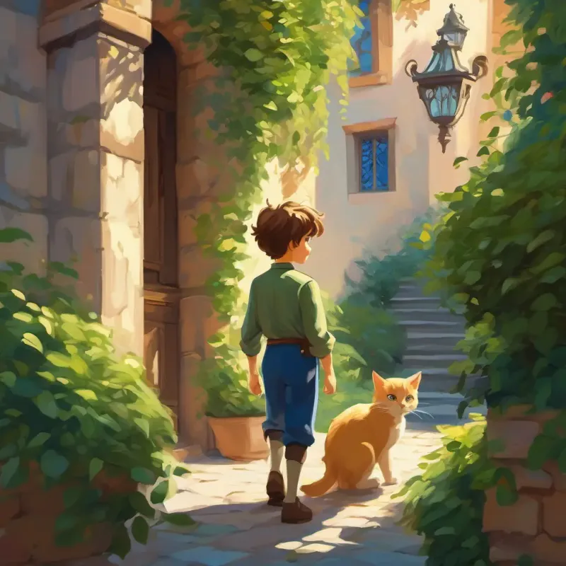 A sunny courtyard with the Brave prince with brown hair and blue eyes and Kind Brave prince with brown hair and blue eyesss with long blonde hair and green eyes walking and discovering a small cat peeking out from the bushes.