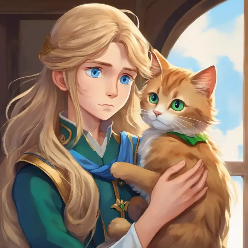 The Kind Brave prince with brown hair and blue eyesss with long blonde hair and green eyes holding the sad cat in her arms, with the Brave prince with brown hair and blue eyes comforting her, showing empathy.