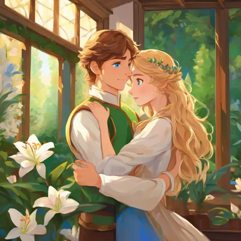 The Brave prince with brown hair and blue eyes, Kind Brave prince with brown hair and blue eyesss with long blonde hair and green eyes, and Lily together in their room, showing love and care for each other.