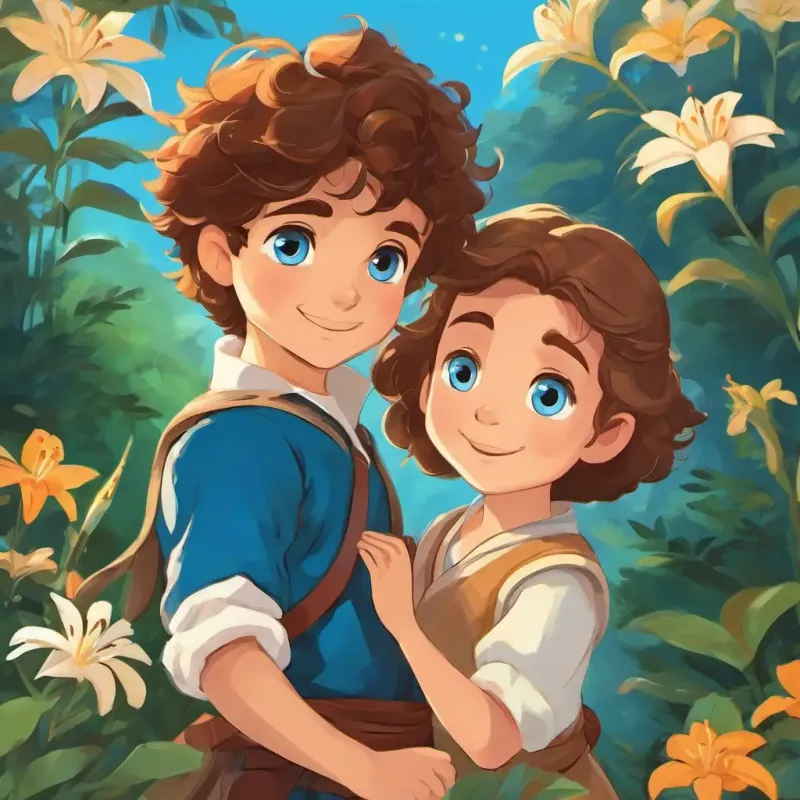 The Brave prince with brown hair and blue eyes, Brave prince with brown hair and blue eyesss, and Lily playing and bonding together, showing happiness and contentment.