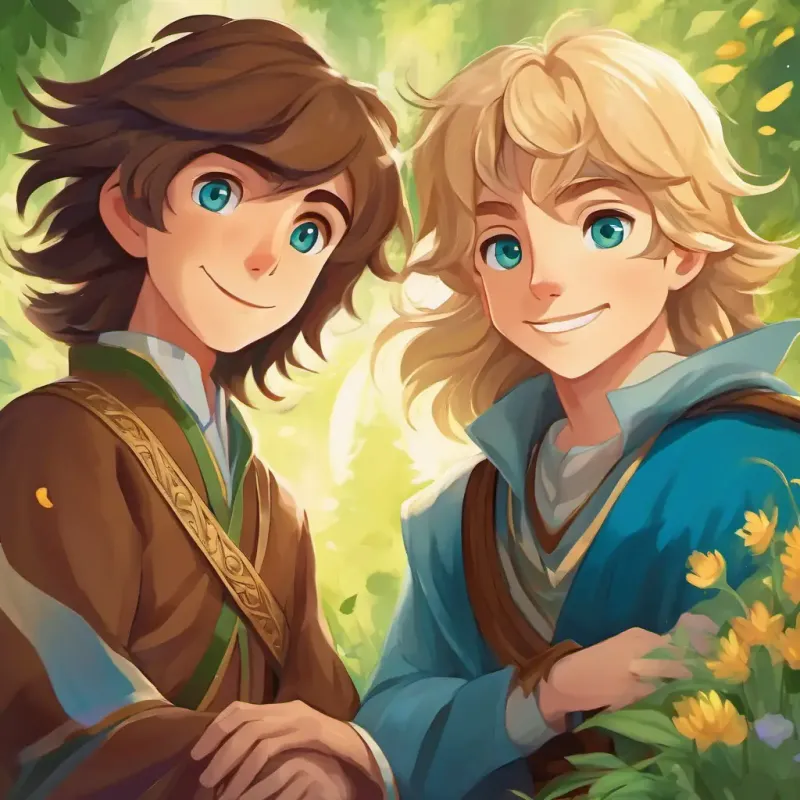 The Brave prince with brown hair and blue eyes and Kind Brave prince with brown hair and blue eyesss with long blonde hair and green eyes smiling, surrounded by a happy kingdom, showing kindness and empathy.