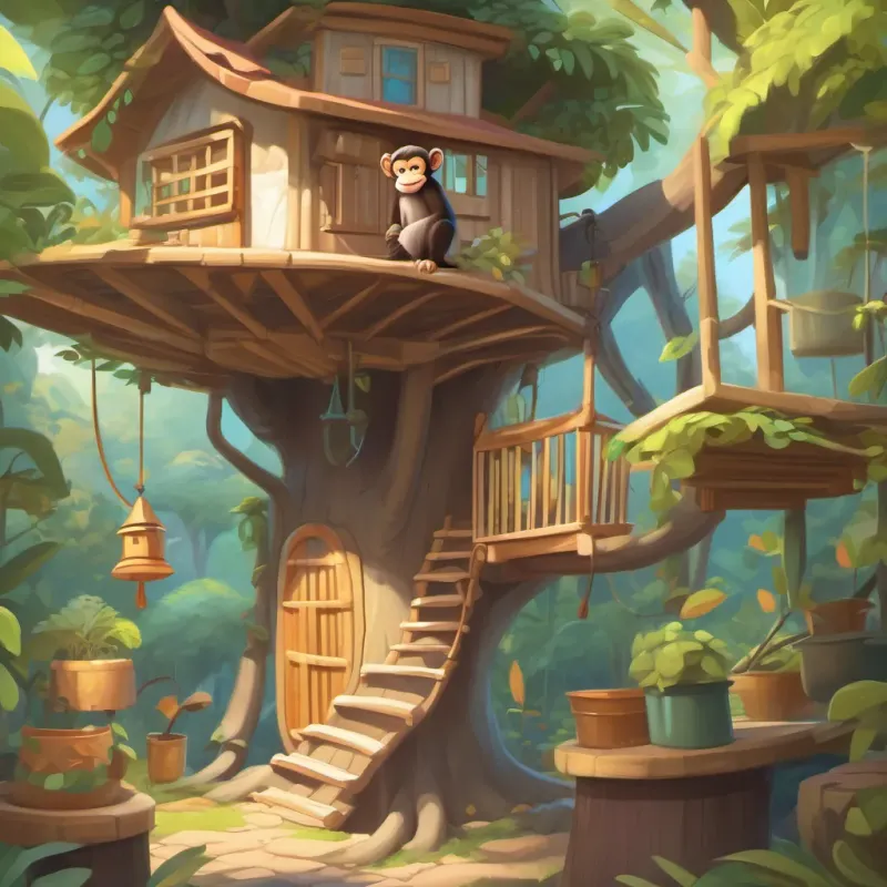 cute monkey in a treehouse, cleaning and organizing