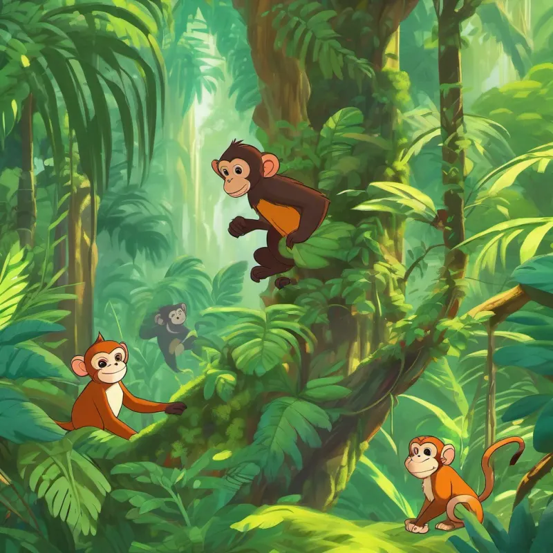 lush green jungle, monkey interacting with friends