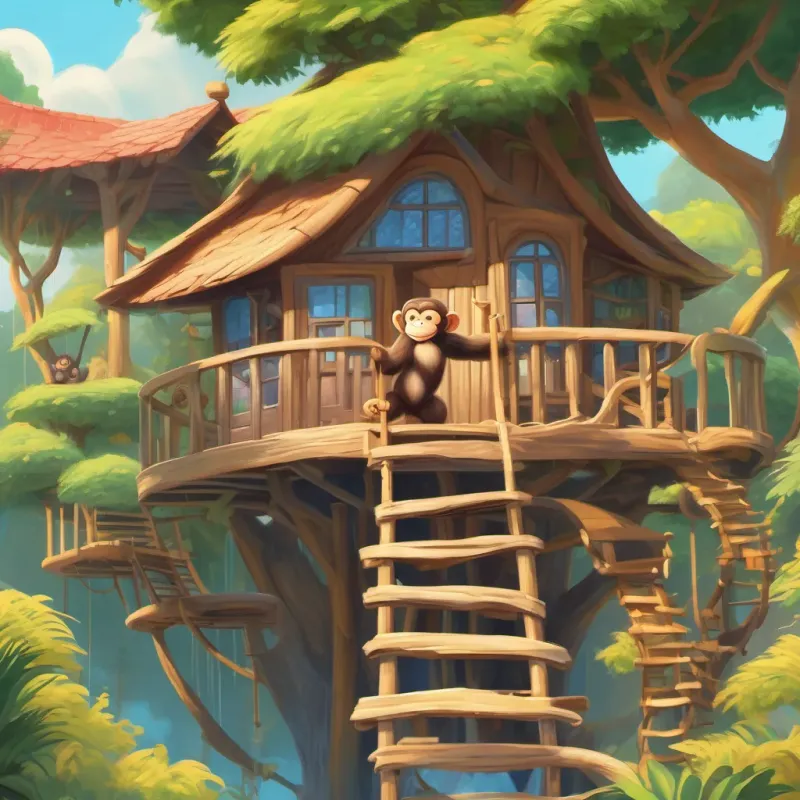 monkey sweeping, dusting, and mopping his treehouse