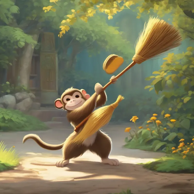 monkey sweeping with a broom, singing happily