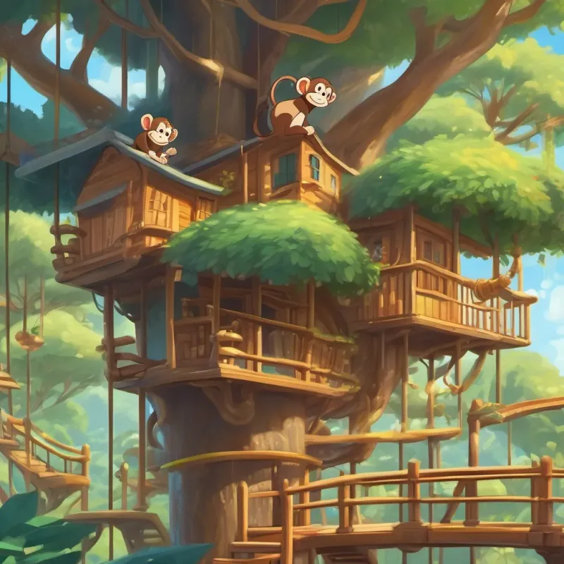 monkey cheerfully cleaning, sparkling clean treehouse