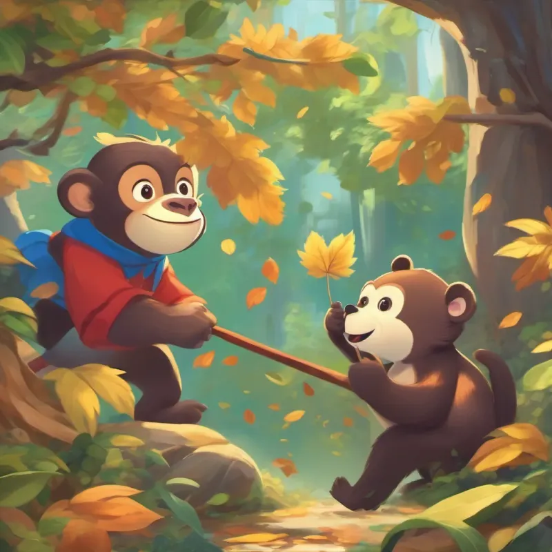 monkey and bear cleaning together, leaves blowing